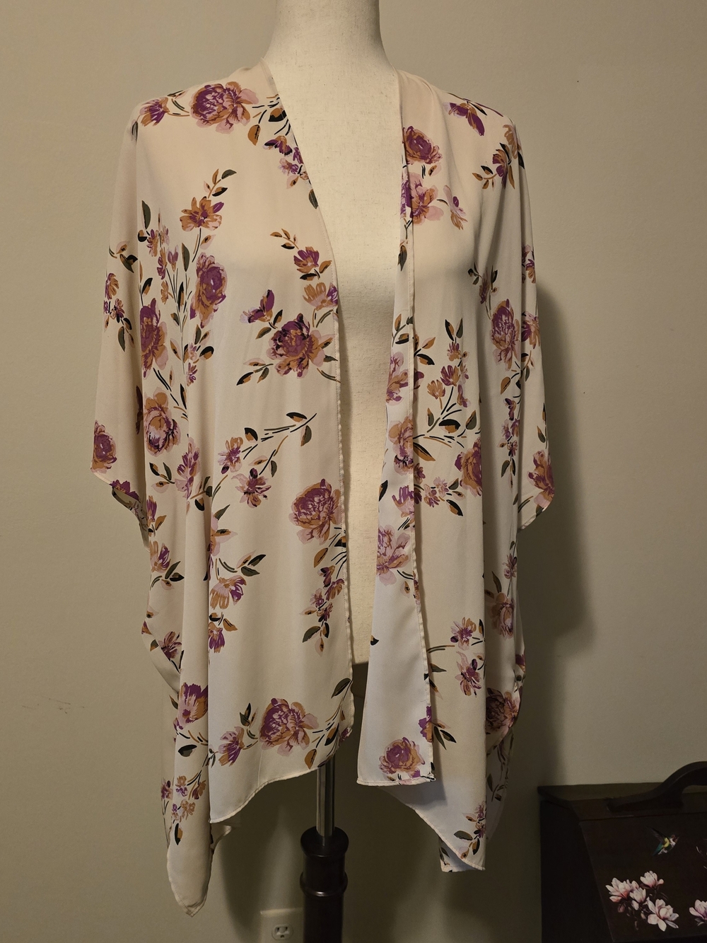 Maurices Cream Floral Open-Front Tunic with Purple Blooms